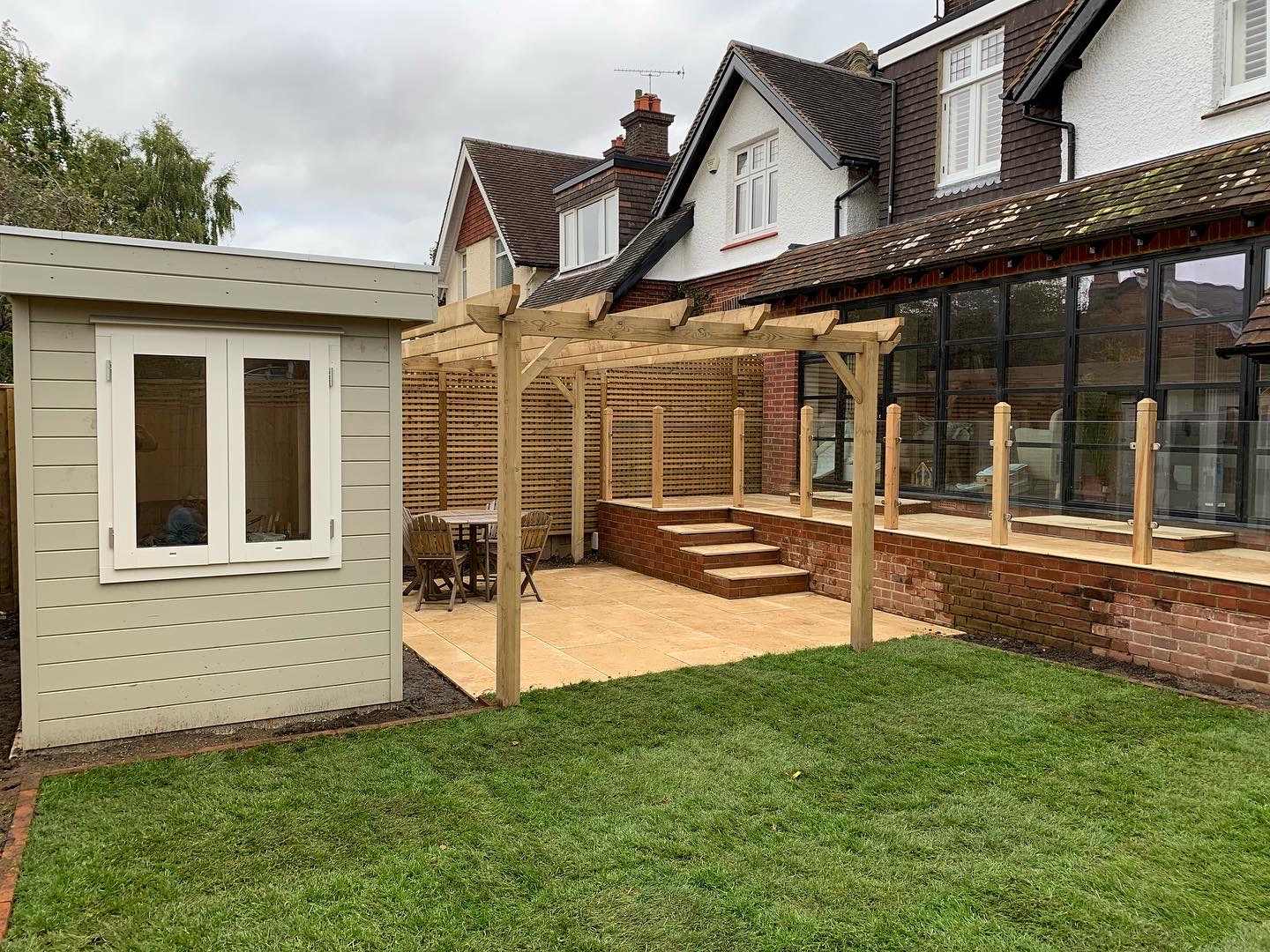 Timber pergola at night